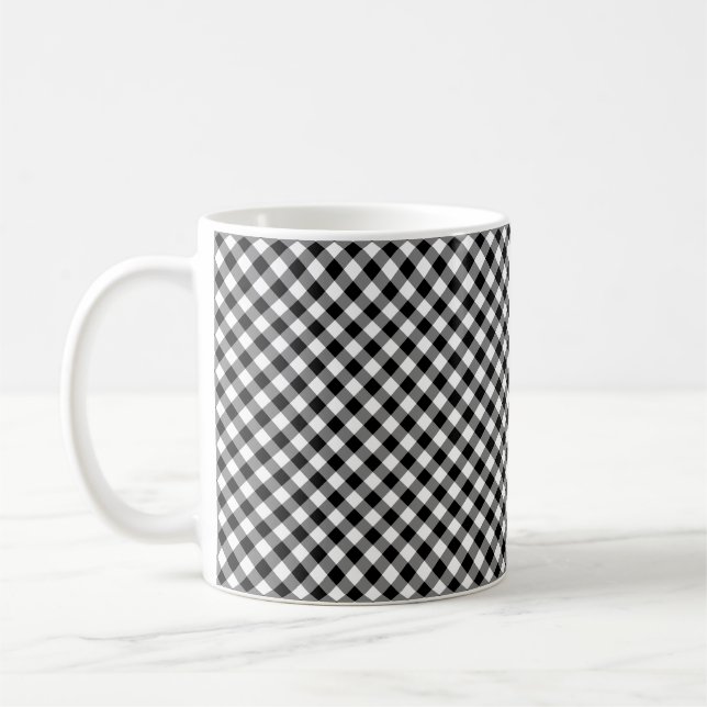 Black and White Small Size Diagonal Gingham Checks Coffee Mug (Left)