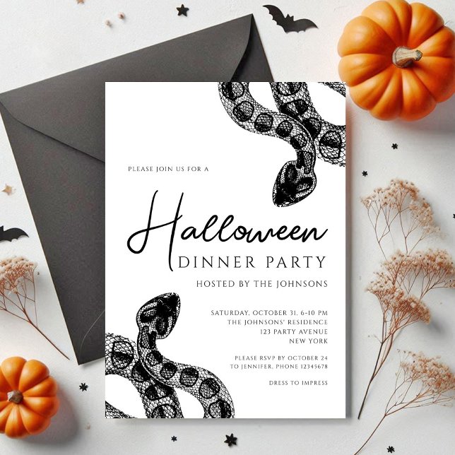 Black And White Snakes Dinner Party Halloween Invitation (Black And White Snakes Dinner Party Halloween Invitation)