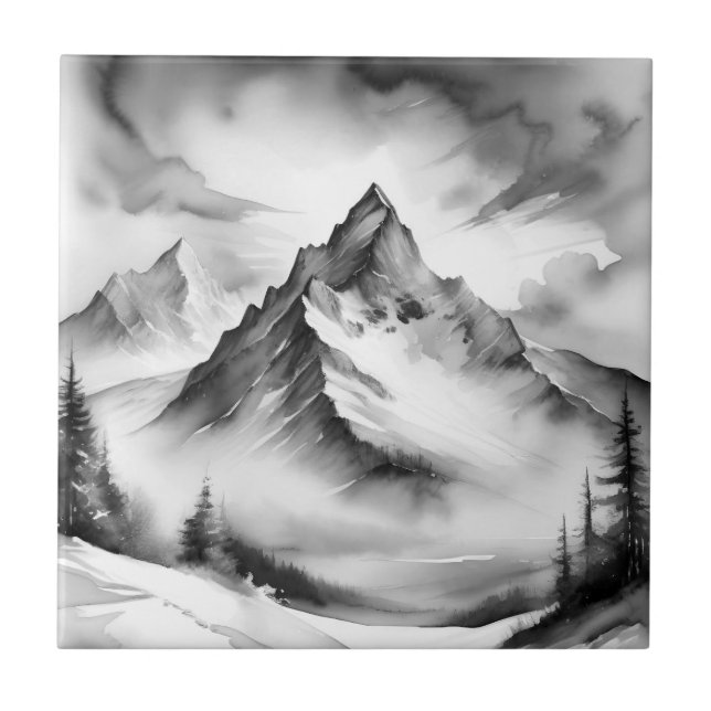 Black and white Snow covered mountains watercolor Ceramic Tile (Front)