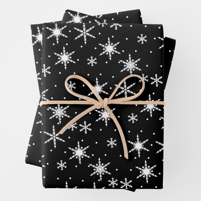 Black and White Snowflake Christmas Pattern Wrapping Paper Sheet (In situ)