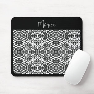 Black and White Snowflake Flower Pattern Mouse Pad