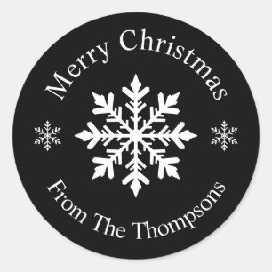 Black And White Snowflake Merry Christmas Modern Classic Round Sticker