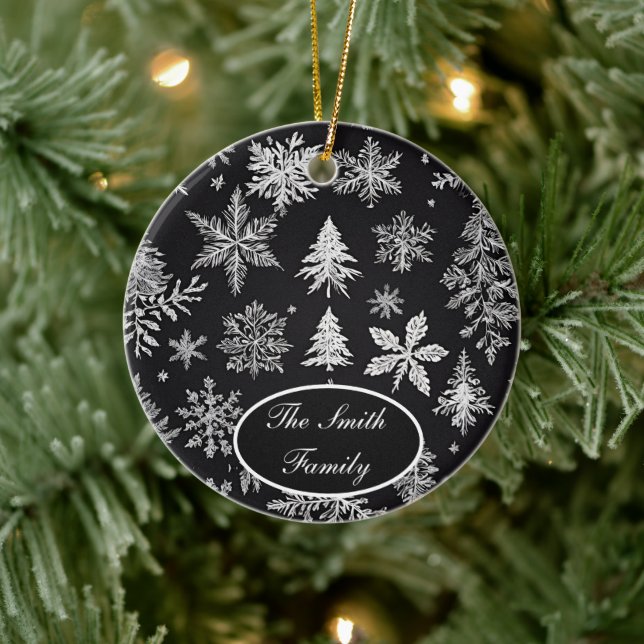 Black and White Snowflake *Personalise* Ceramic Ornament (Tree)