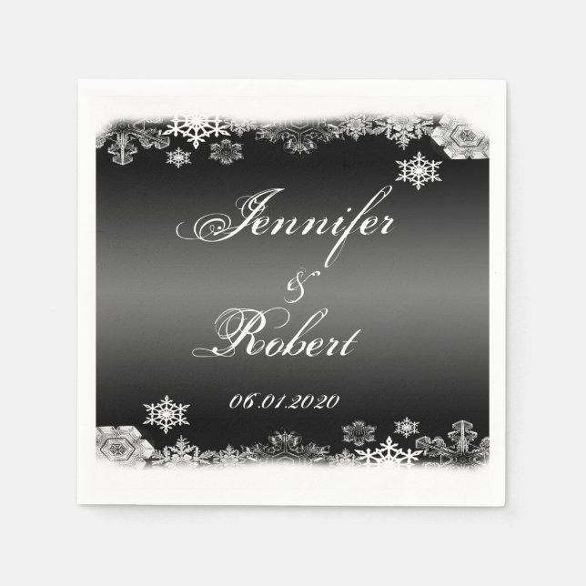 Black and White Snowflake Wedding Napkin (Front)