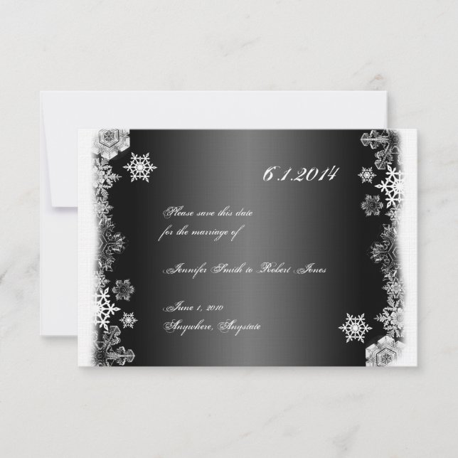 Black and White Snowflake Wedding Save the Date Invitation (Front)