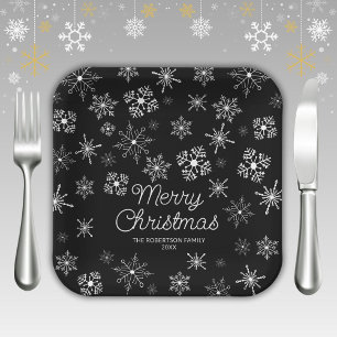 Black and White Snowflakes Christmas Party Paper Plate