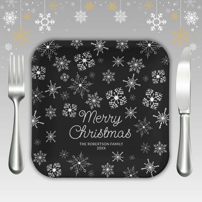 Black and White Snowflakes Christmas Party Paper Plate (Creator Uploaded)