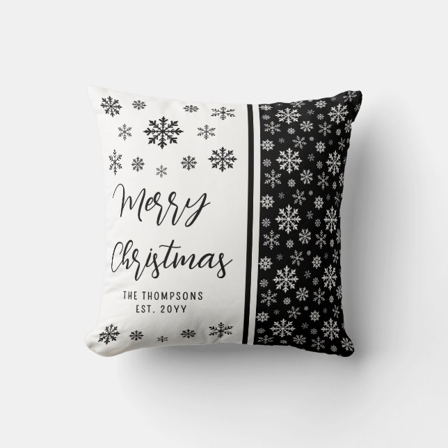 Black And White Snowflakes Custom Name Christmas Cushion (Front)