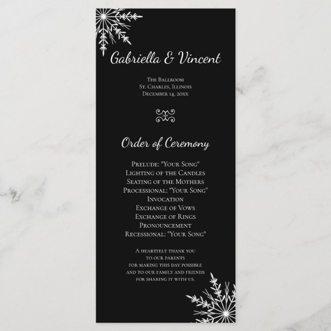 Black and White Snowflakes Winter Wedding Program (Front)