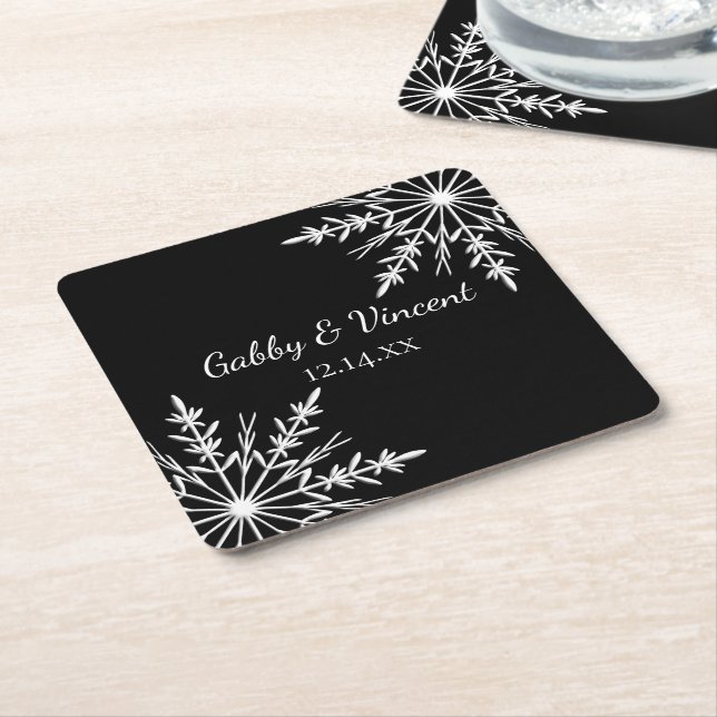 Black and White Snowflakes Winter Wedding Square Paper Coaster (Angled)