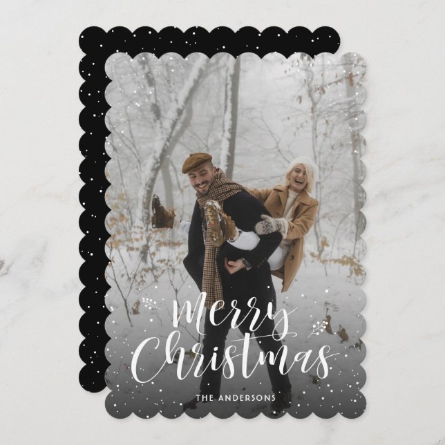 Black and White Snowy Photo Merry Christmas Holiday Card (Front/Back)