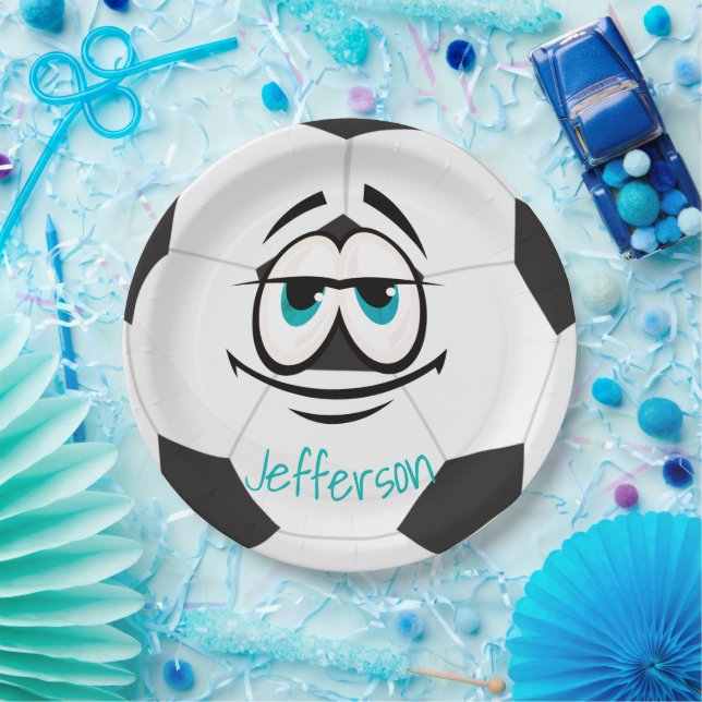 Black and white soccer ball funny face paper plate (Party)