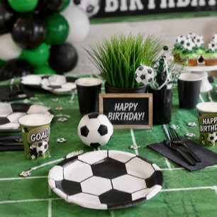 Black And White Soccer Ball Geometric Pattern Paper Plate