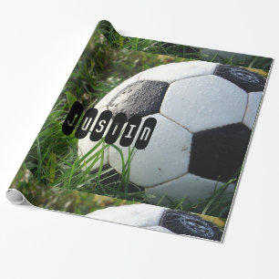 Black and White Soccer Ball in Green Grass Wrapping Paper