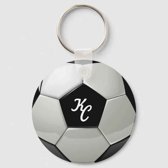 Black and White Soccer Ball Monogram Initials Key Ring (Front)