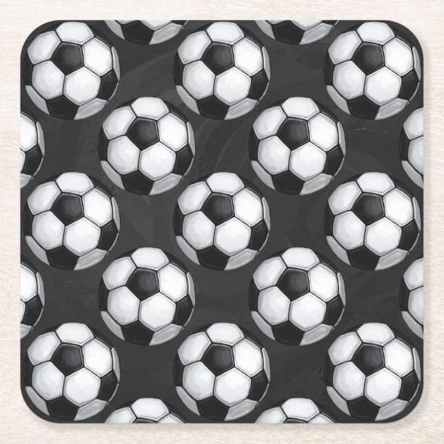 Black and White Soccer Ball Pattern Square Paper Coaster (Front)