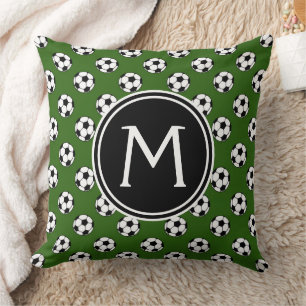 Black and White Soccer Balls on Green Monogram Cushion