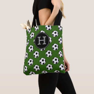 Black and White Soccer Balls on Green Monogram Tote Bag