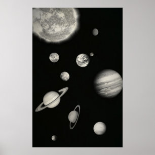 Black and White Solar System in the space Poster