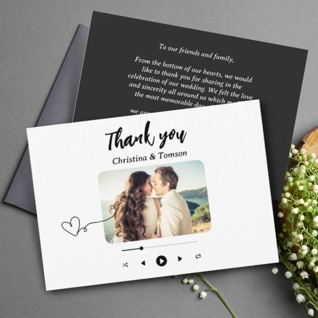 Black and White Song Playlist Photo Wedding Thank You Card (Creator Uploaded)