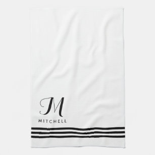 Black and White Sophisticated Stripes and Monogram Tea Towel