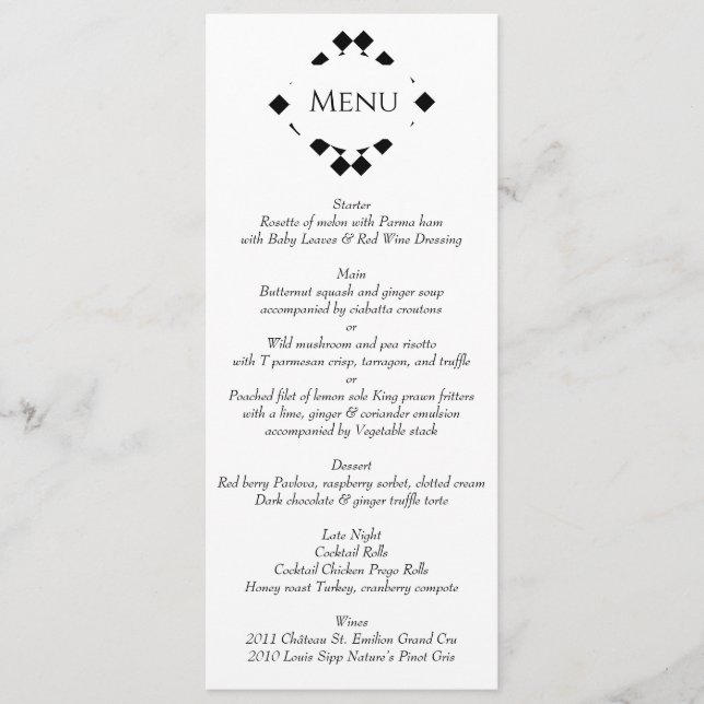 Black and White Sophisticated Wedding  Menu (Front)
