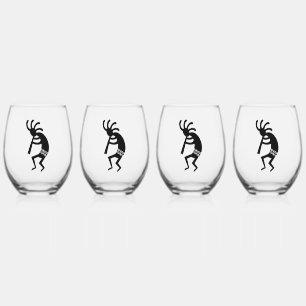 Black And White Southwest Kokopelli Stemless Wine Glass