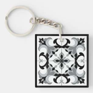 Black and White Spanish Style Tile Key Ring