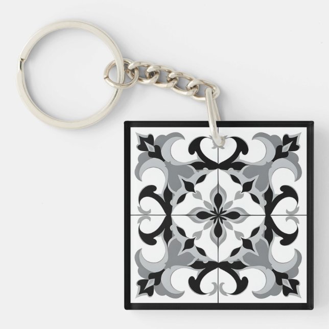 Black and White Spanish Style Tile Key Ring (Front)