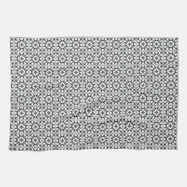 Black and White Spanish Style Tile Tea Towel (Horizontal)