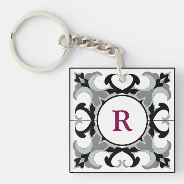 Black and White Spanish Style with Initial  Key Ring (Front)