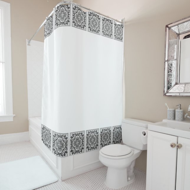 Black and White Spanish Tile Shower Curtain (In Situ)
