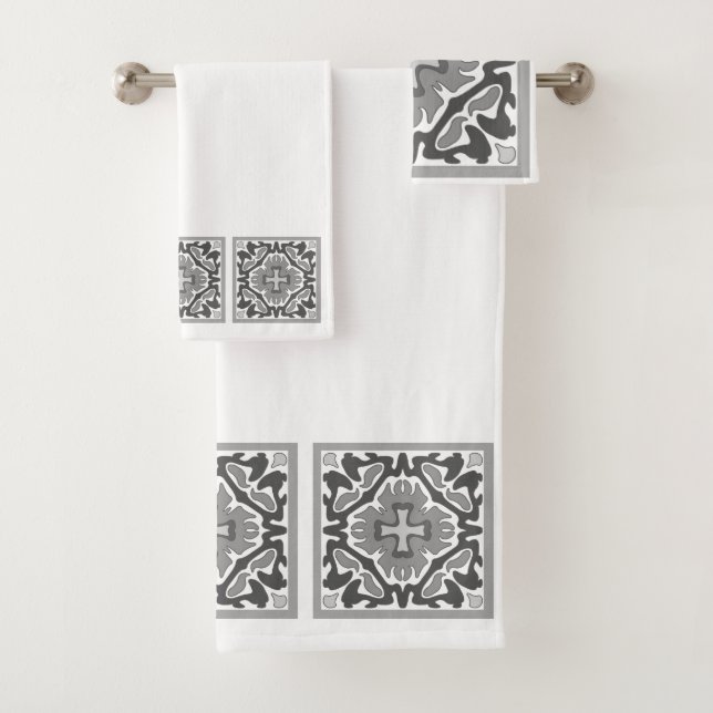Black and White Spanish Tiles Bath Towel Set (Insitu)