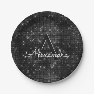 Black and White Sparkle Monogram Birthday Paper Plate