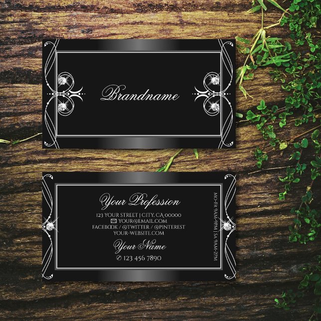 Black and White Sparkling Diamonds Ornate Ornament Business Card (Creator Uploaded)