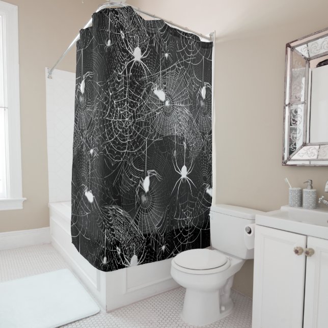 Black and White Spider Webs Shower Curtain (In Situ)