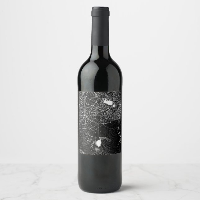 Black and White Spider Webs Wine Label (Front)