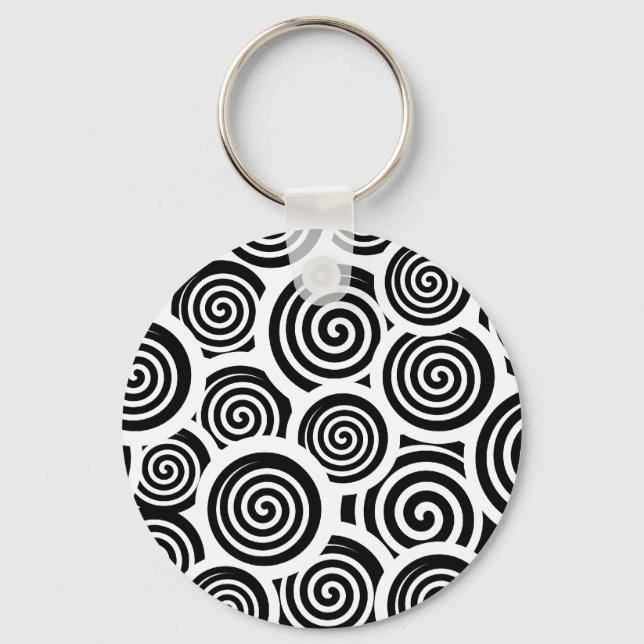 Black and white spirals vector pattern key ring (Front)