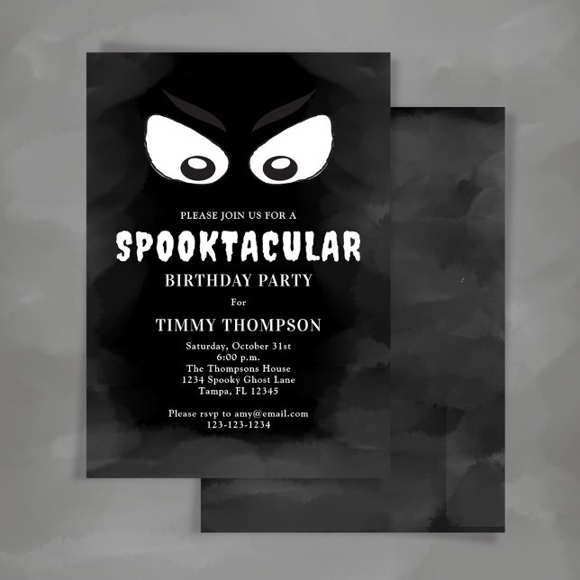 Black and White Spooktacular Birthday Party Invitation (Whimsical Halloween Birthday party invitation with black and white ghost eyes. )