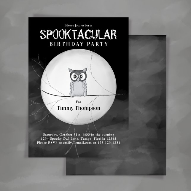 Black and White Spooktacular Owl Halloween Party Invitation (Halloween Spooktacular Birthday invitation with spooky owl.)