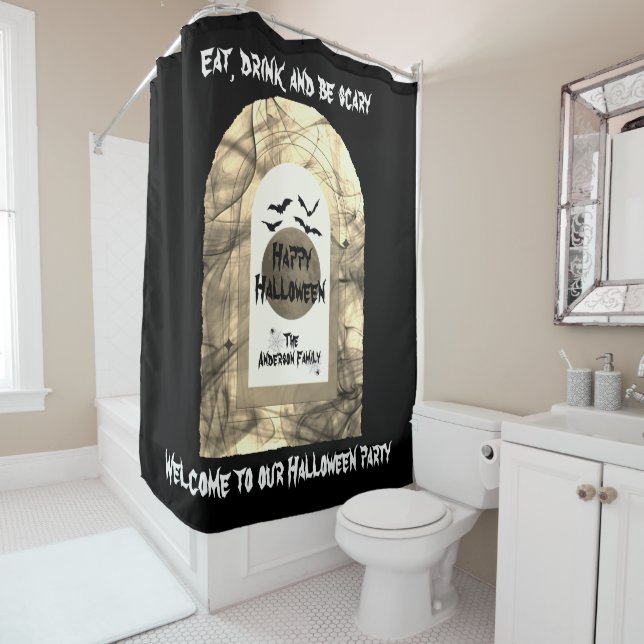 Black and White Spooky Bats Spider Happy Halloween Shower Curtain (In Situ)
