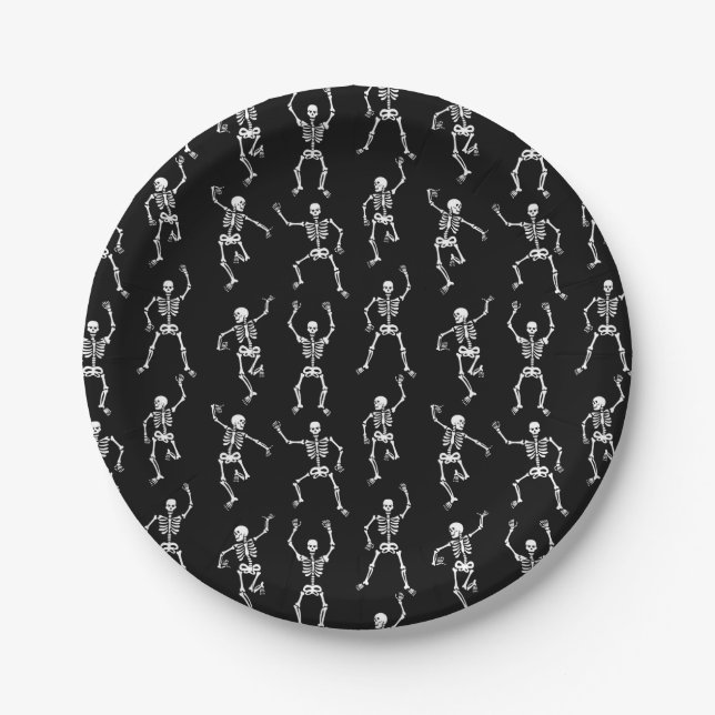 Black and White Spooky Dancing Skeleton  Paper Plate (Front)