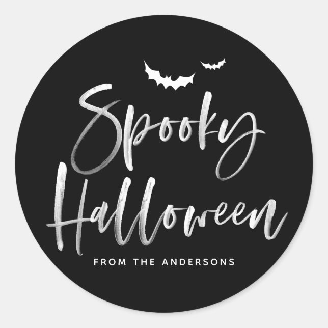 Black and White Spooky Halloween Brush Lettering Classic Round Sticker (Front)