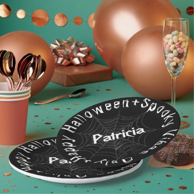 Black and White Spooky Modern Happy Halloween Paper Plate (Multi)
