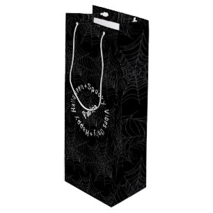 Black and White Spooky Modern Happy Halloween Wine Gift Bag