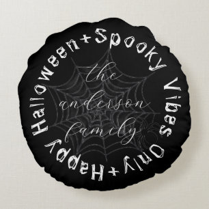 Black and White Spooky Spider Web Happy Halloween Round Cushion