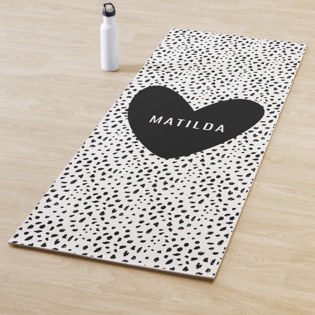 Black and white spot with heart personalised yoga mat (In Situ)