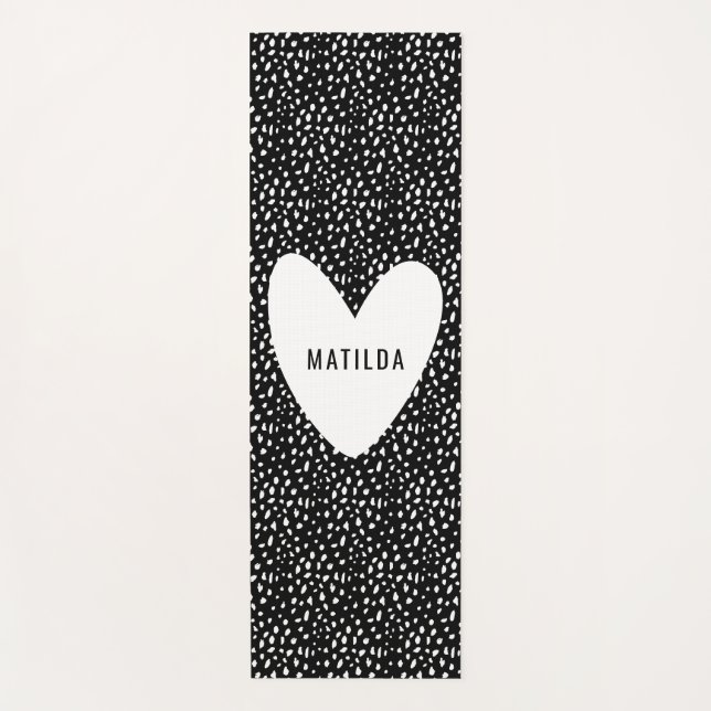 Black and white spot with heart personalised yoga mat (Front)