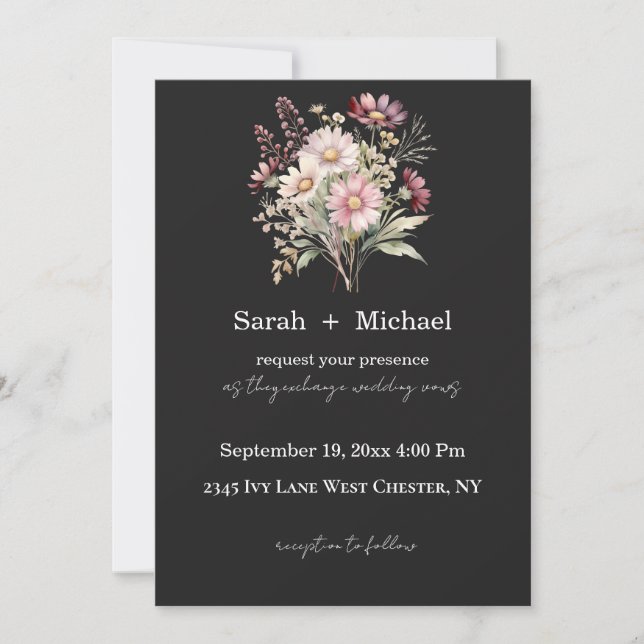 Black and White Spring Floral Wedding Invitation (Front)