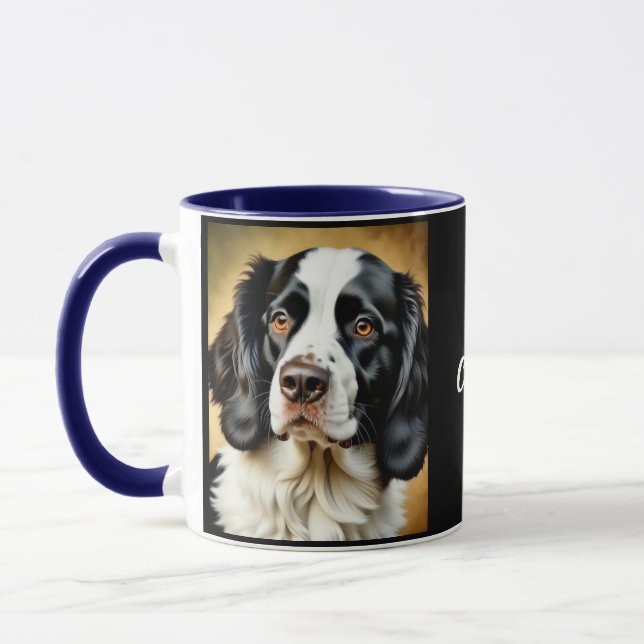 Black and White Springer Spaniel. Personalised Mug (Left)